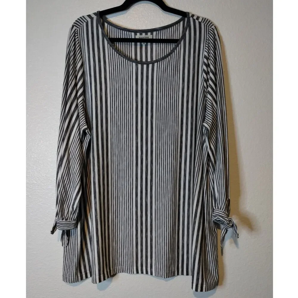 Max Studio Size 2X Gray White Striped Tie Knot Sleeves Super Soft Tunic T-Shirt